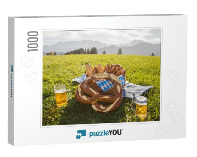 Bavaria Pretzel with Beer. Basket with Pretzels, Beer Mug... Jigsaw Puzzle with 1000 pieces