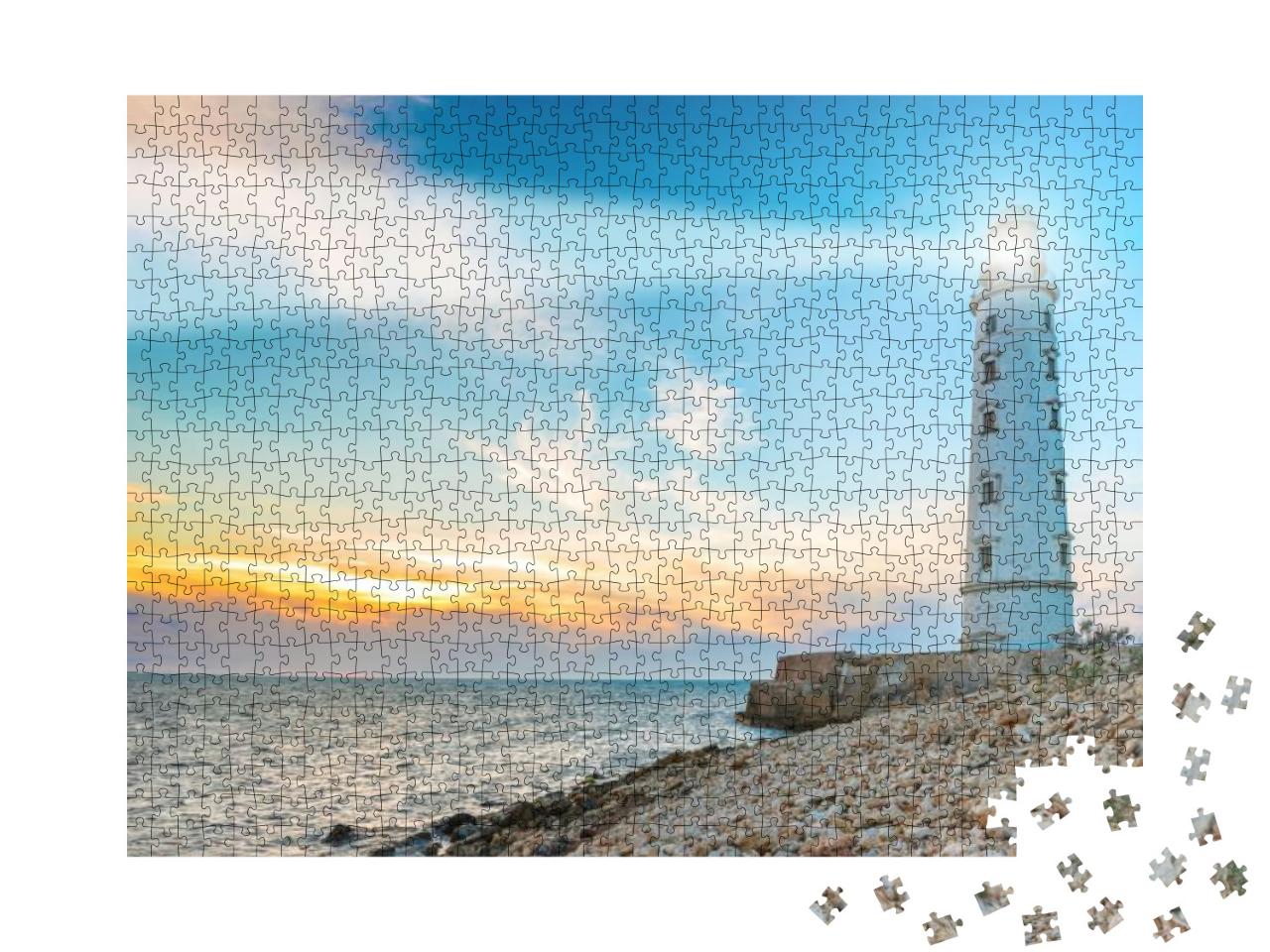 Lighthouse Searchlight Beam Through Sea Air At Night. Sea... Jigsaw Puzzle with 1000 pieces