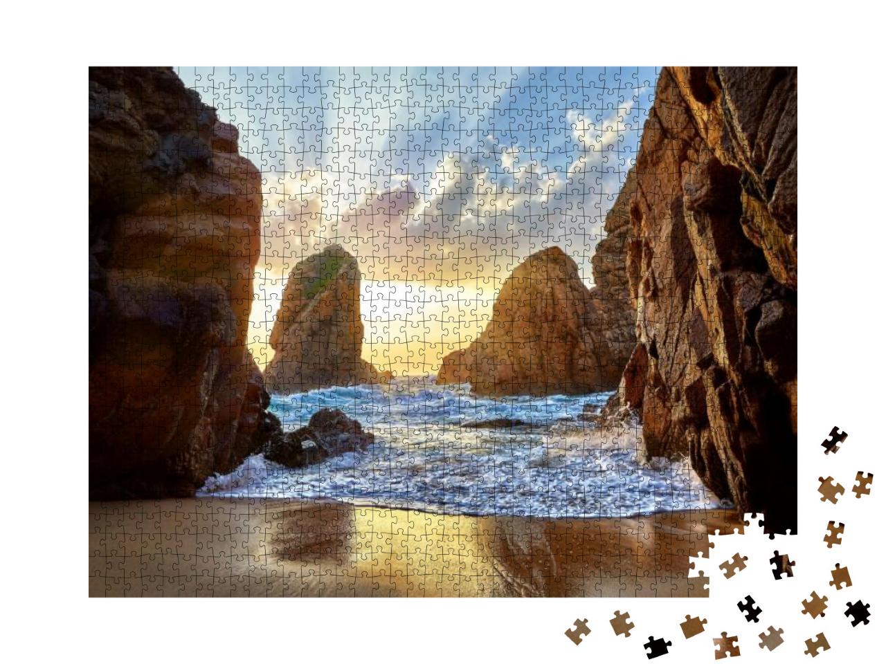 Sand Beach Among Rocks on Evening Sunset. Ursa Beach Near... Jigsaw Puzzle with 1000 pieces
