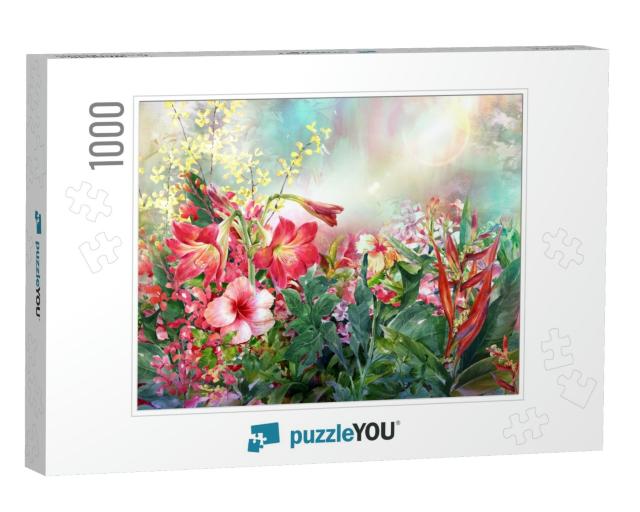 Bouquet of Multicolored Flowers Watercolor Painting Style... Jigsaw Puzzle with 1000 pieces