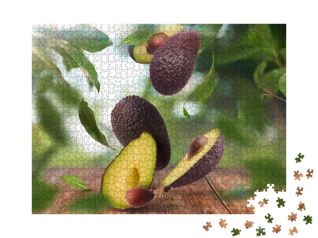 Fresh Raw Avocados Falling in the Air on Wooden Table Ove... Jigsaw Puzzle with 1000 pieces