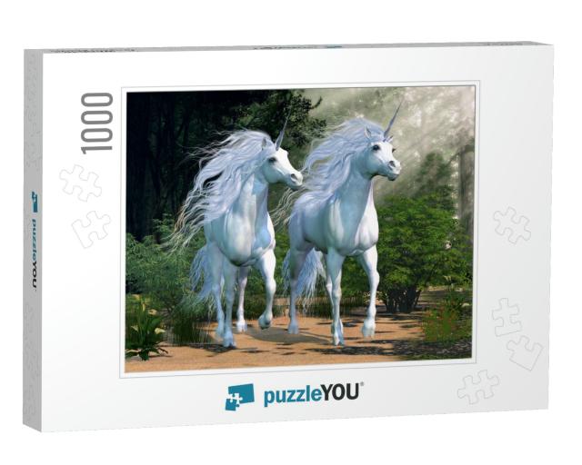 Enchanted Forest - Two Buck Unicorns Run Together Through... Jigsaw Puzzle with 1000 pieces