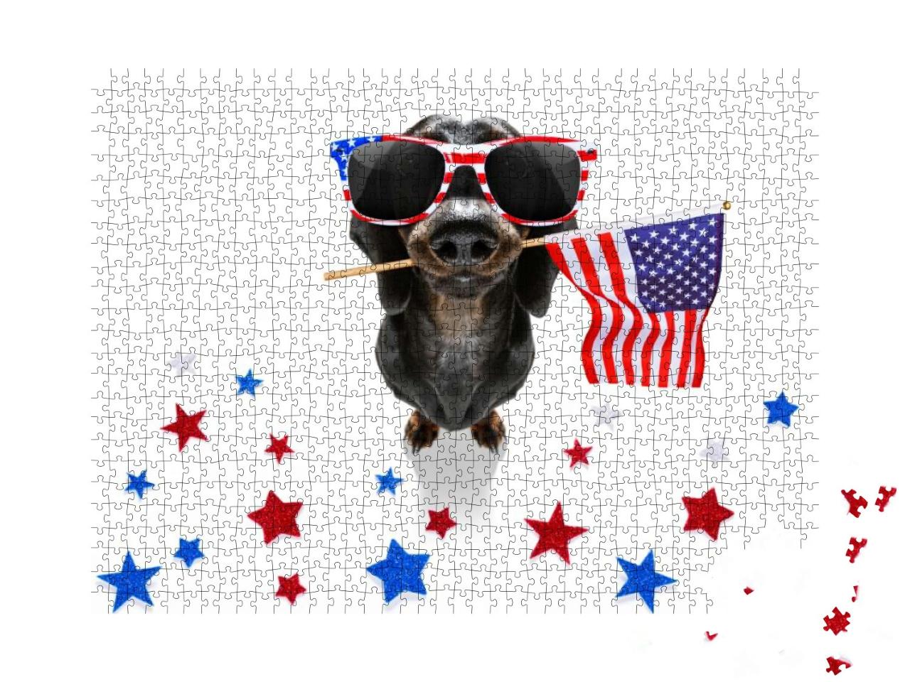 Sausage Dachshund Dog Waving a Flag of USA &... Jigsaw Puzzle with 1000 pieces