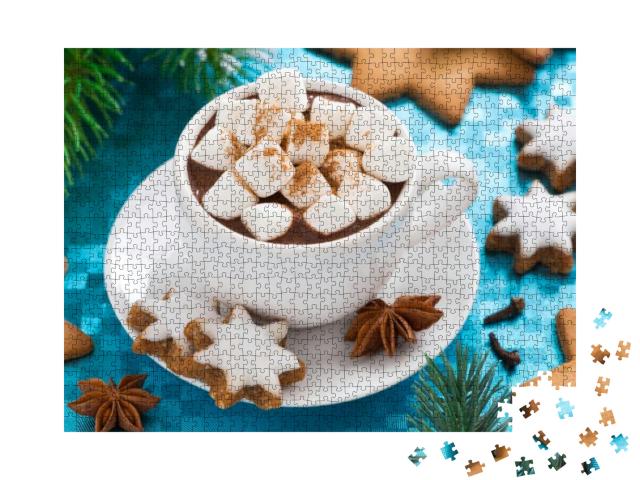 Hot Chocolate with Marshmallows on a Blue Background, Top... Jigsaw Puzzle with 1000 pieces