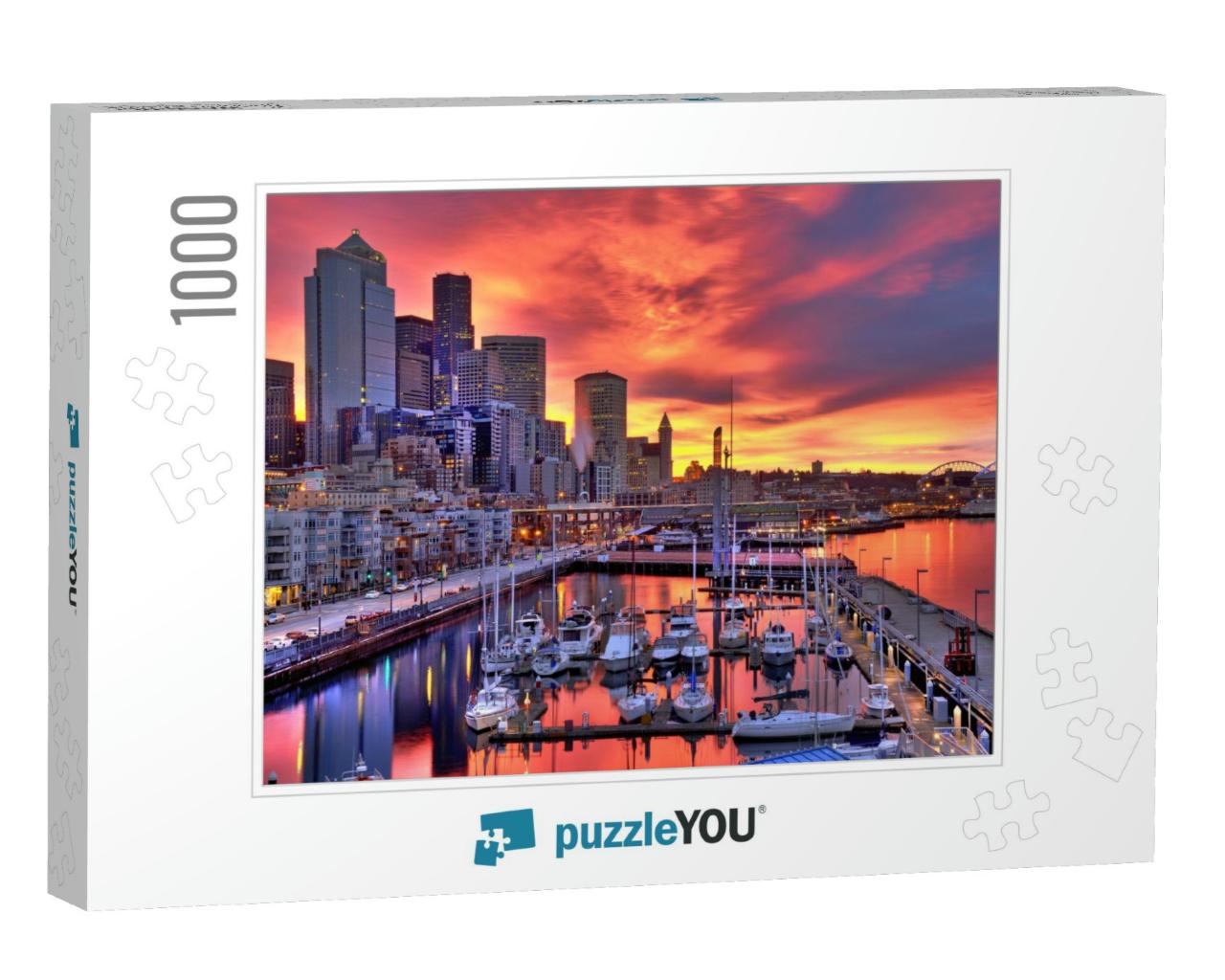 High Dynamic Image of Seattle Skyline in Dramatic Sunrise... Jigsaw Puzzle with 1000 pieces
