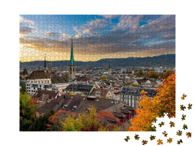 Beautiful Sunset Over Zurich in Autumn with Fraumuenster... Jigsaw Puzzle with 1000 pieces