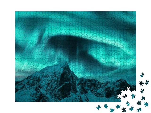 Aurora Borealis Above the Snow Covered Mountain Peak in L... Jigsaw Puzzle with 1000 pieces