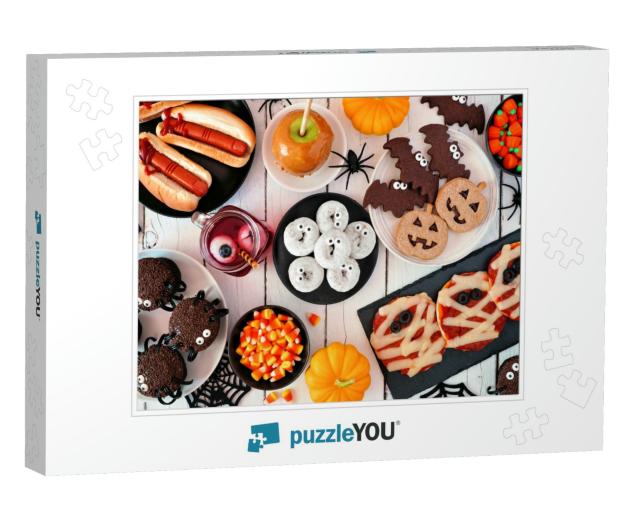 Halloween Party Food Corner Table Scene Over a White Wood... Jigsaw Puzzle