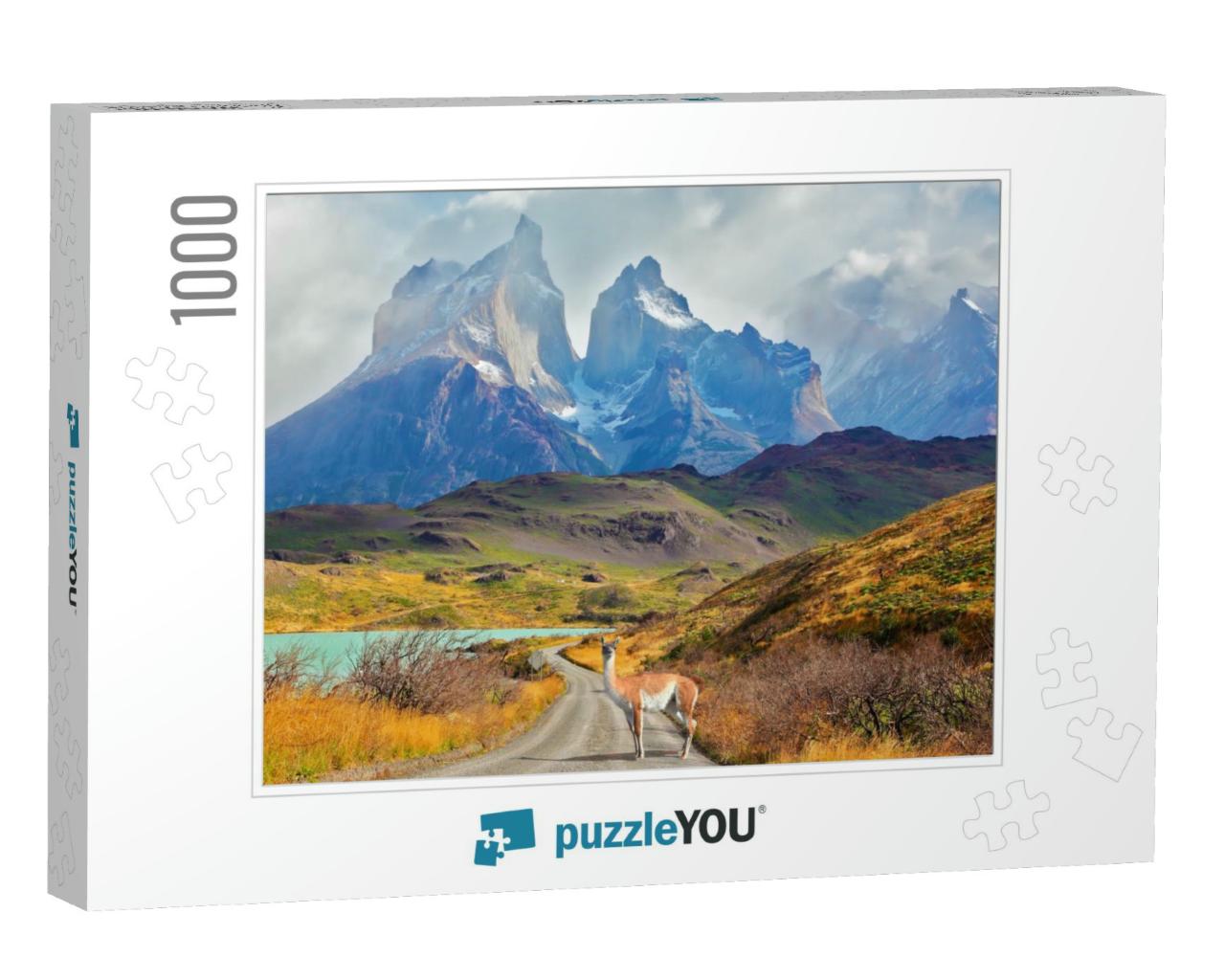 Majestic Peaks of Los Kuernos Over Lake Pehoe. on a Dirt... Jigsaw Puzzle with 1000 pieces