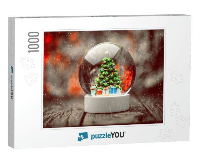 Christmas Snow Globe on Wooden Background... Jigsaw Puzzle with 1000 pieces