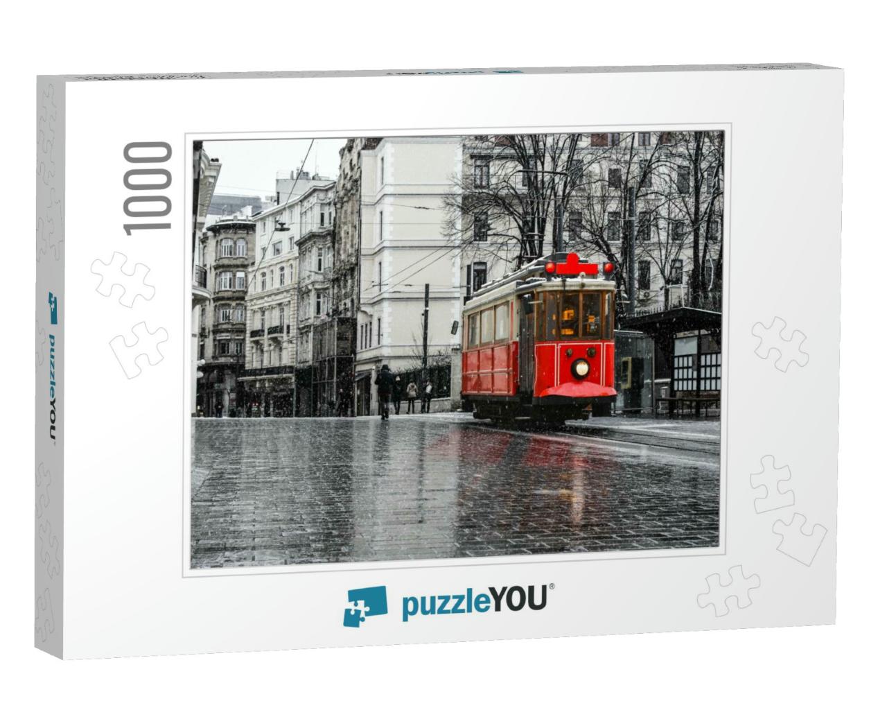 Red Nostalgic Tram is Moving on the Istiklal Street in Wi... Jigsaw Puzzle with 1000 pieces