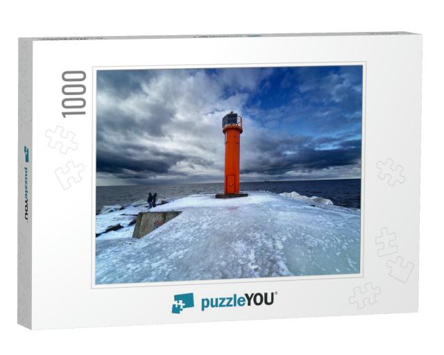 Winter on Shore of the Baltic Sea. Lighthouse in Ice... Jigsaw Puzzle with 1000 pieces
