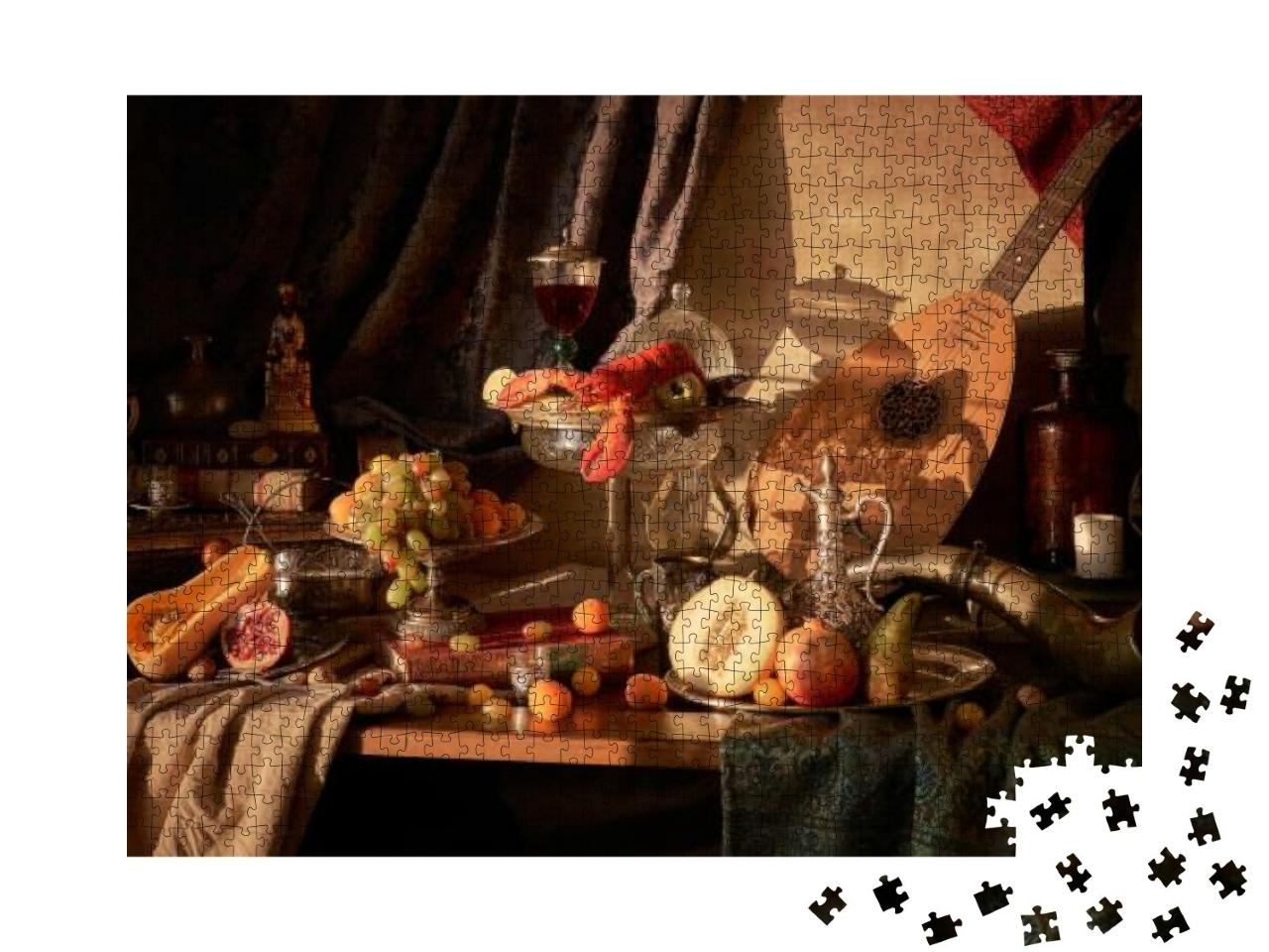 Still Life in Old Masters Style with Lobster, Glass of Wi... Jigsaw Puzzle with 1000 pieces