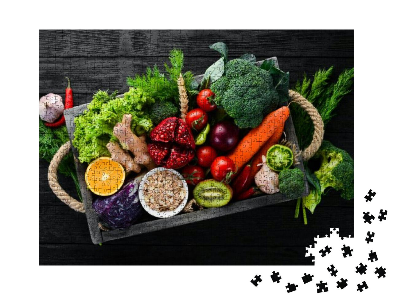 Fresh Vegetables & Fruits in a Wooden Box on a Black Back... Jigsaw Puzzle with 1000 pieces
