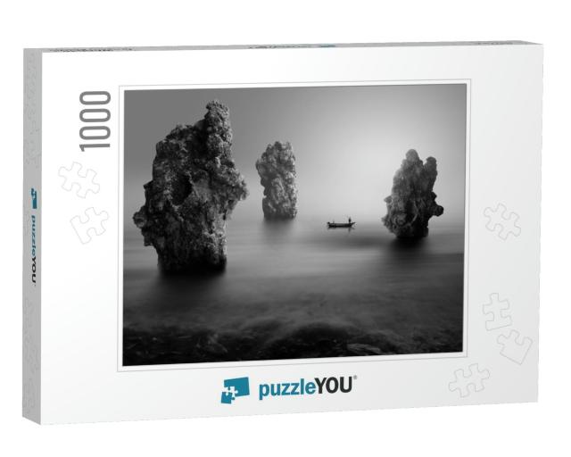 Lonely Fisherman on the Stone Beach, Black & White Photog... Jigsaw Puzzle with 1000 pieces