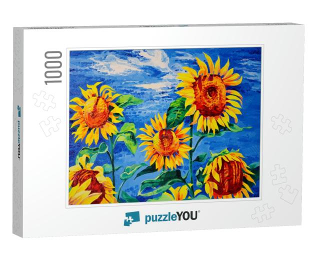 Original Artwork. Oil Painting with Sunflowers. Modern Ar... Jigsaw Puzzle with 1000 pieces