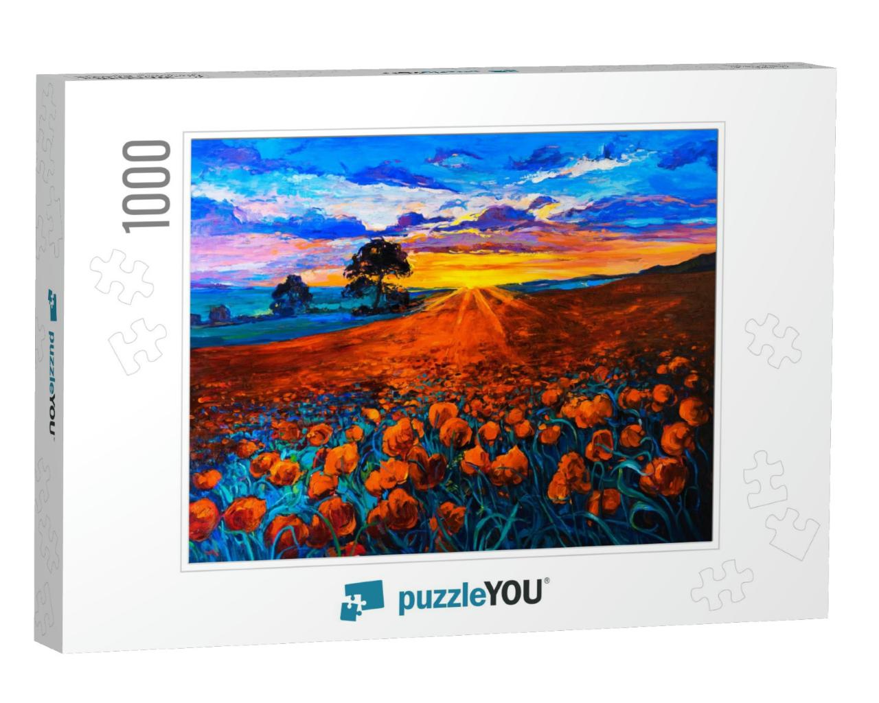 Original Oil Painting on Canvas. Poppy Field, Sunset. Fin... Jigsaw Puzzle with 1000 pieces