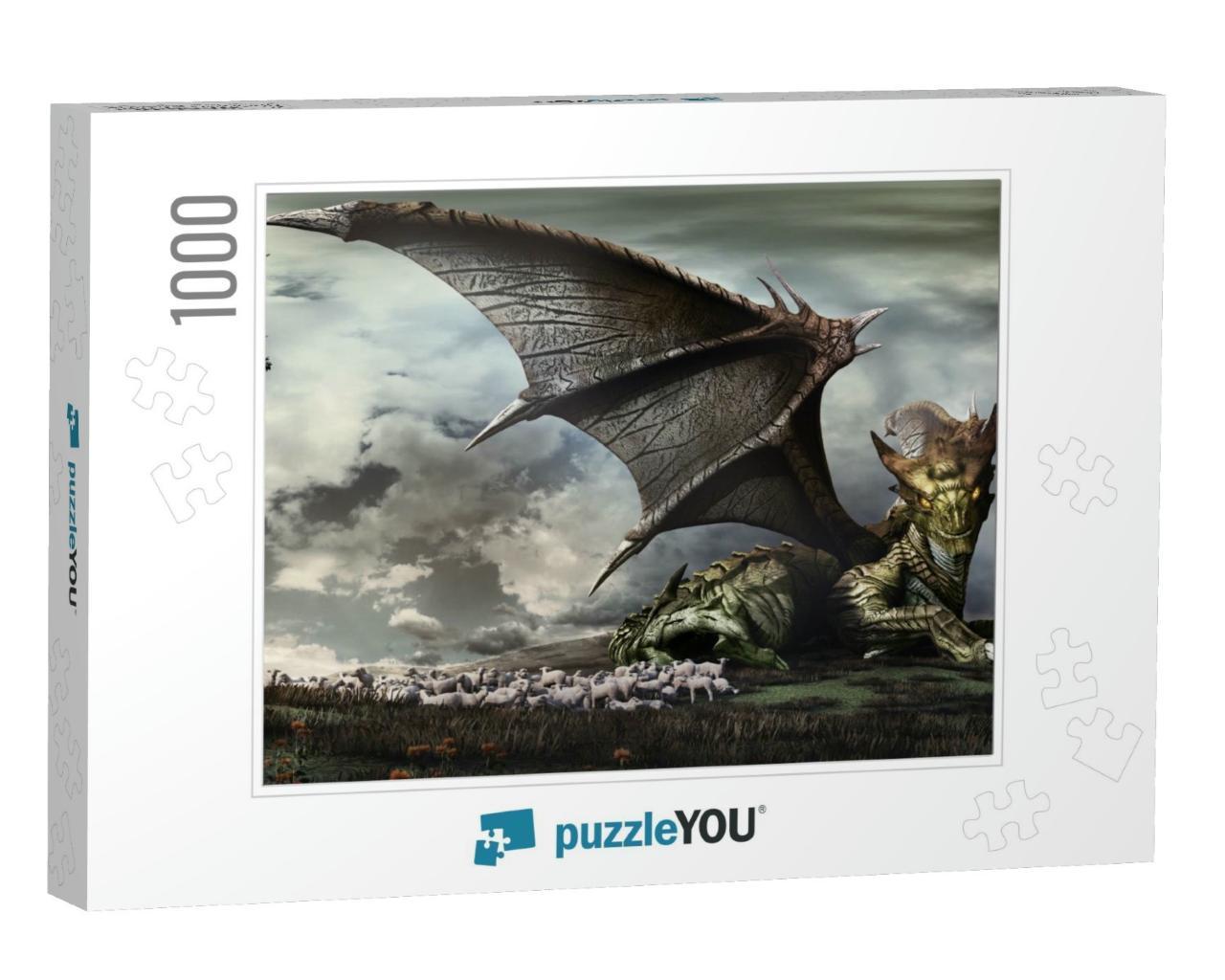 Fantasy Landscape with Dragon Guarding a Flock of Sheep... Jigsaw Puzzle with 1000 pieces