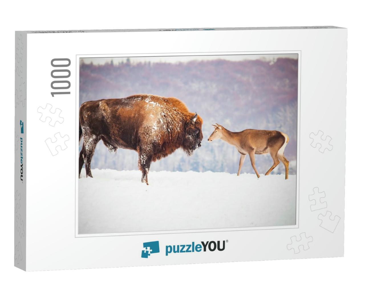 European Bison & Deer in Winter... Jigsaw Puzzle with 1000 pieces