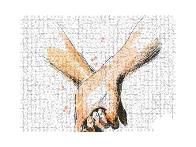 Colored Hand Sketch Holding Hands. Vector Illustration... Jigsaw Puzzle with 1000 pieces