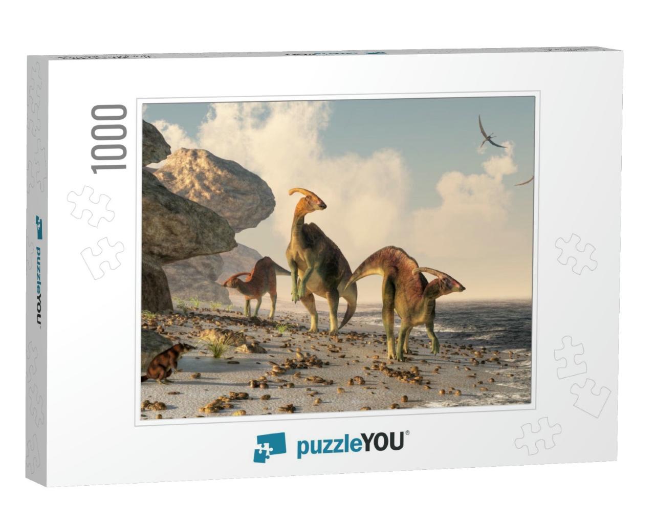 Three Parasaurolophus Stand on a Rock Beach. Pterosaurs F... Jigsaw Puzzle with 1000 pieces