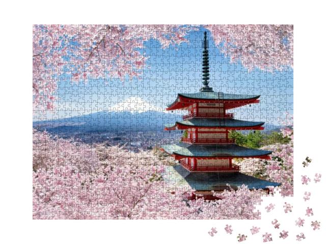 Chureito Pagode & Mount Fuji with Cherry Blossom Tree Dur... Jigsaw Puzzle with 1000 pieces