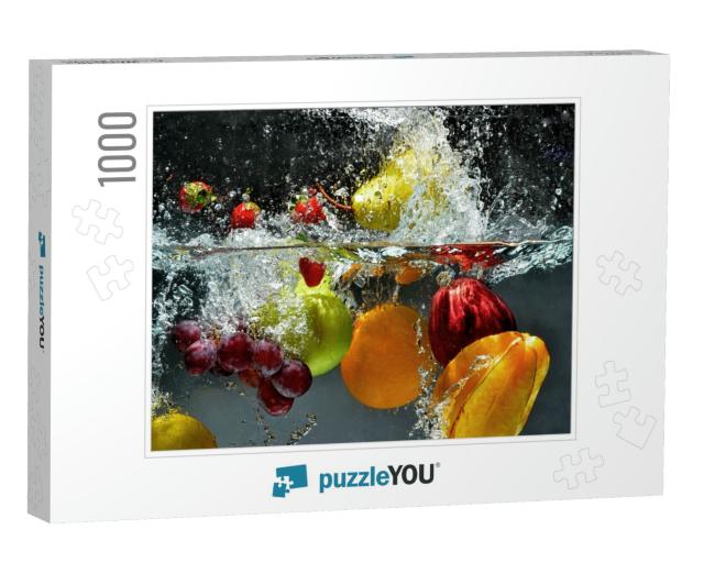 Splashing Fruit on Water. Fresh Fruit & Vegetables Being... Jigsaw Puzzle with 1000 pieces