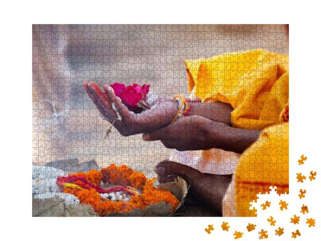 Many Flowers is Stable for Worship on Hand At River Ganga... Jigsaw Puzzle with 1000 pieces