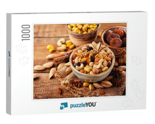 Mix of Nuts & Dried Fruits on a Old Rustic Table. Gold Pi... Jigsaw Puzzle with 1000 pieces