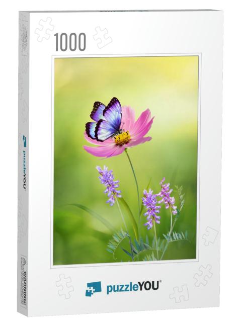 Beautiful Pink Flower Cosmos Bipinnatus & Butterfly on Na... Jigsaw Puzzle with 1000 pieces