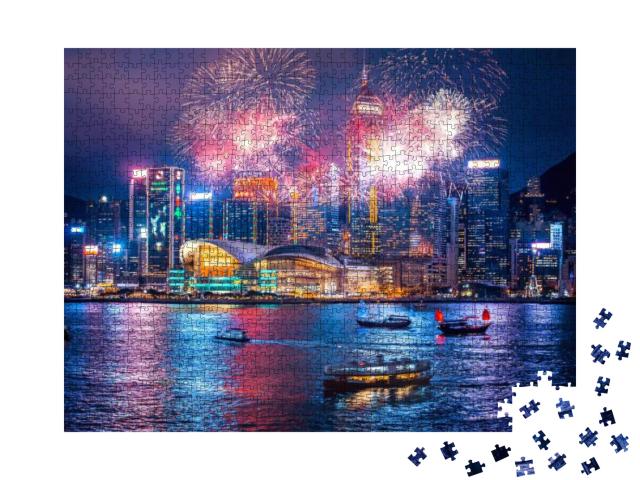 Firework Show in Hong Kong Victoria Harbor... Jigsaw Puzzle with 1000 pieces