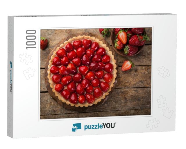Delicious Strawberry Tart on Wooden Background, Top View... Jigsaw Puzzle with 1000 pieces