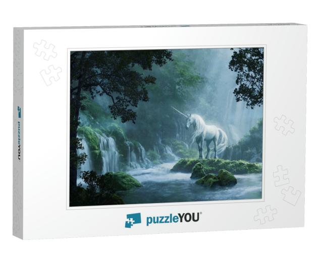 A Beautiful Unicorn in a Magical Forest - Digital Illustr... Jigsaw Puzzle