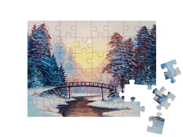 Winter Landscape with the River. Original Oil Painting... Jigsaw Puzzle with 48 pieces