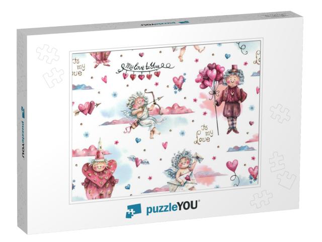 Romantic Watercolor Seamless Pattern with Cupids, Hearts... Jigsaw Puzzle