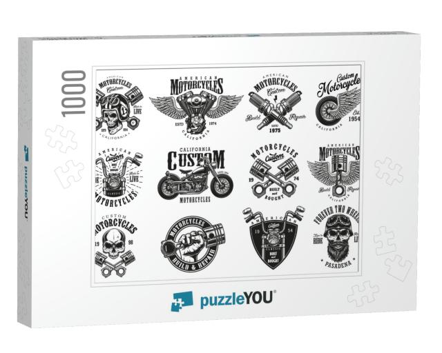 Set of Vintage Custom Motorcycle Emblems, Labels, Badges... Jigsaw Puzzle with 1000 pieces