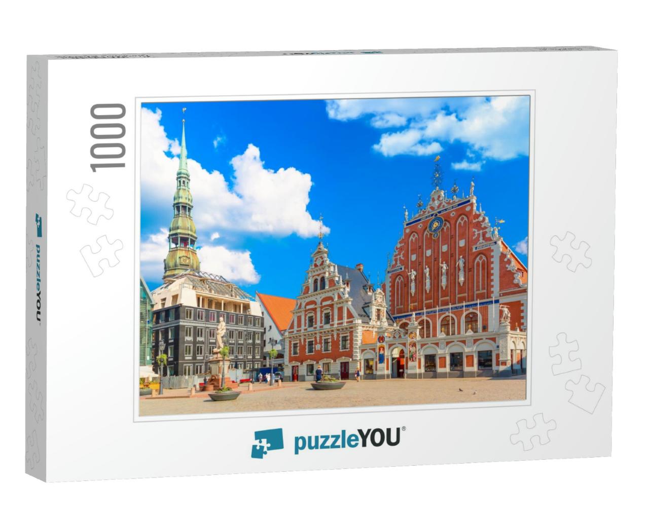 View of the Old Town Ratslaukums Square, Roland Statue, t... Jigsaw Puzzle with 1000 pieces