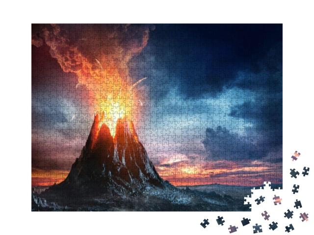 Volcanic Mountain in Eruption - 3D Rendering... Jigsaw Puzzle with 1000 pieces