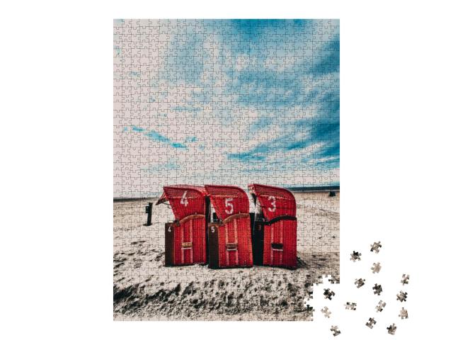A Vertical Shot of a Sandy Beach with Chairs in Borkum, G... Jigsaw Puzzle with 1000 pieces