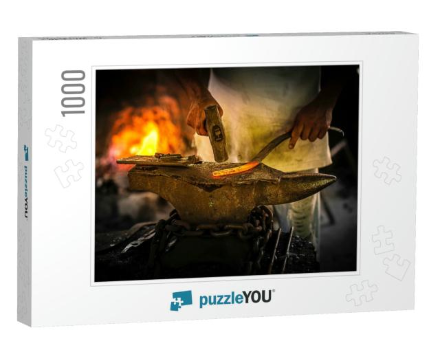 Black Smith, Iron Smith Hitting Hot Steel on an Anvil in... Jigsaw Puzzle with 1000 pieces