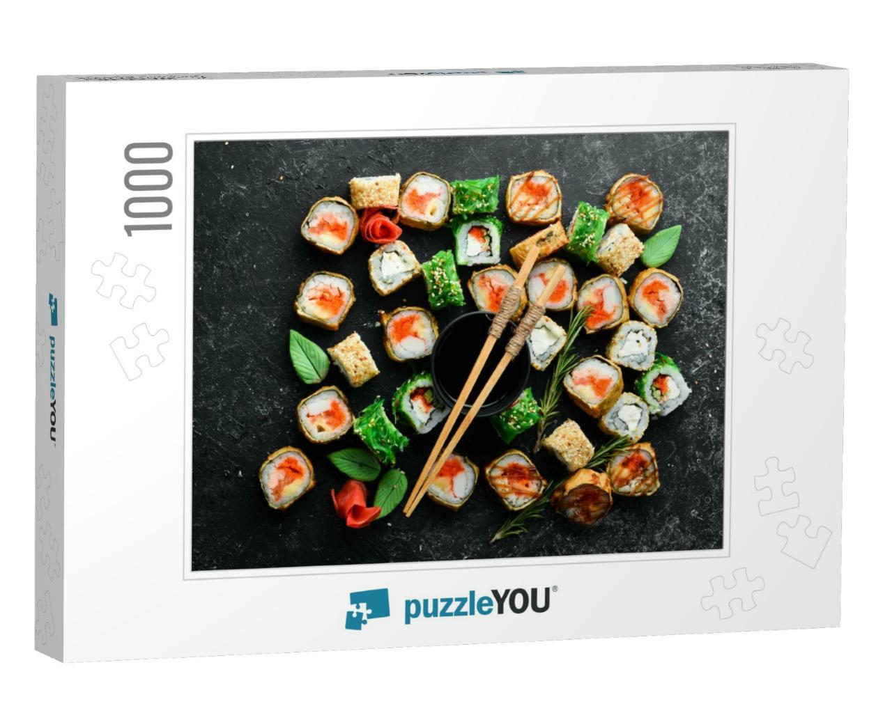 Big Set of Sushi Rolls with Seafood on a Black Stone Back... Jigsaw Puzzle with 1000 pieces