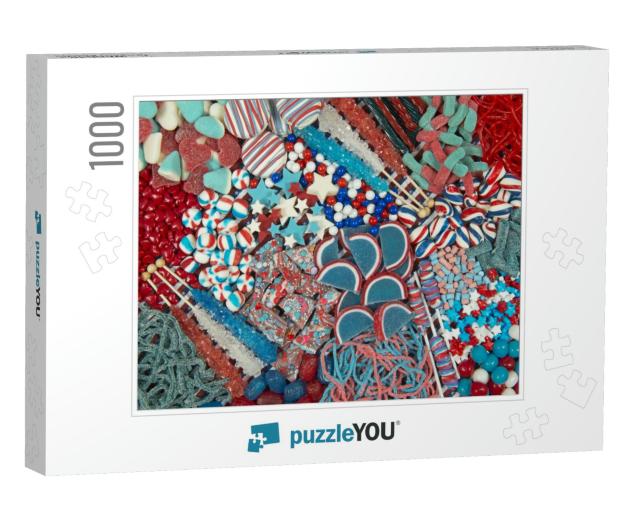 Patriotic Red, White, Blue Candy Photo Collage Jigsaw Puzzle with 1000 pieces