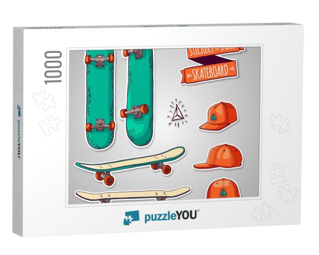Set of Colored Stickers & Labels with Skateboards & Caps... Jigsaw Puzzle with 1000 pieces