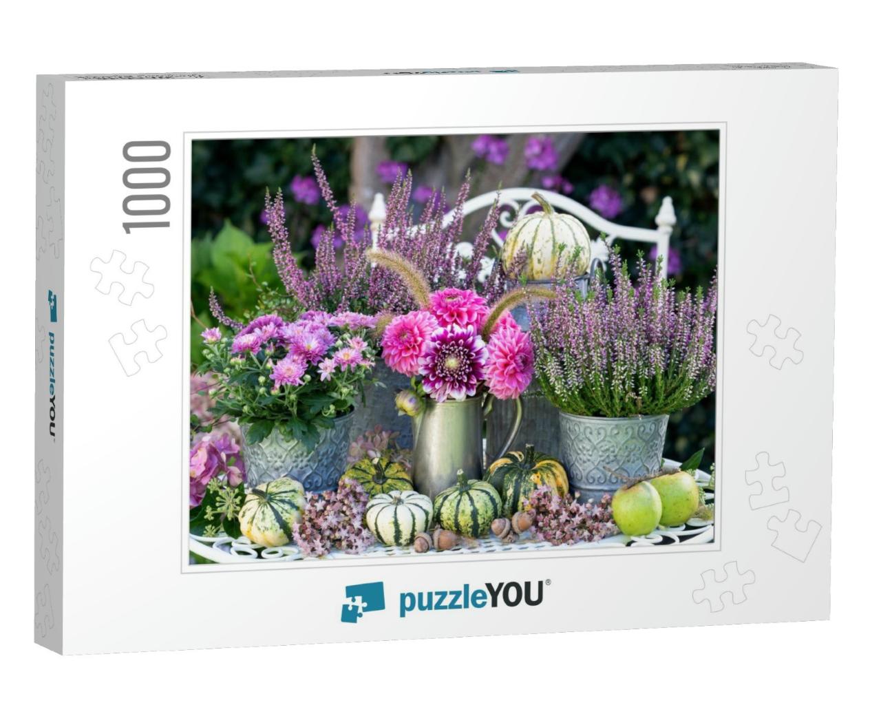 Garden Decoration with Bouquet of Pink Dahlias, Autumn Fl... Jigsaw Puzzle with 1000 pieces