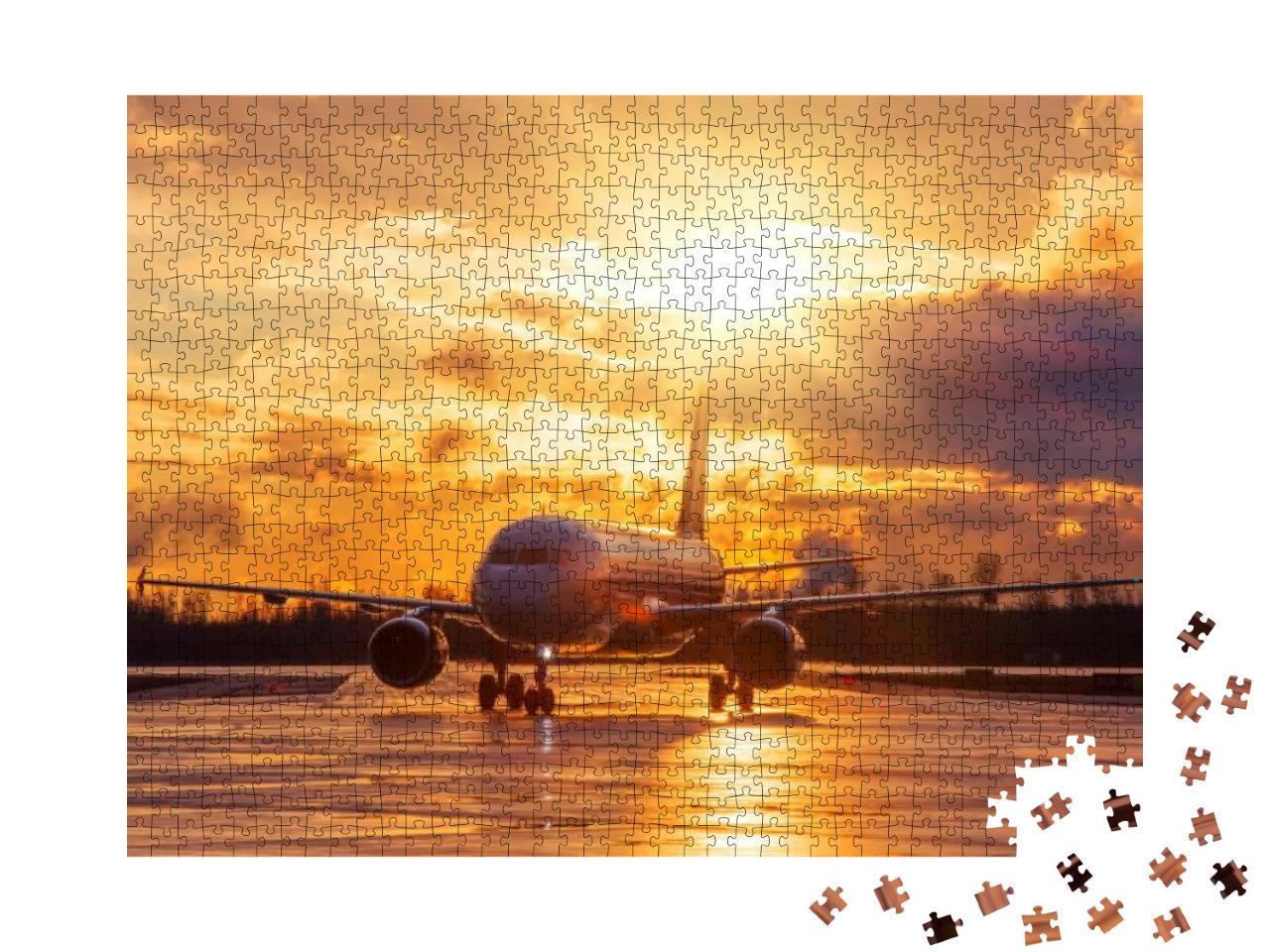 Airplane on Airport Runway Under Sunset View Dramatic Sky... Jigsaw Puzzle with 1000 pieces