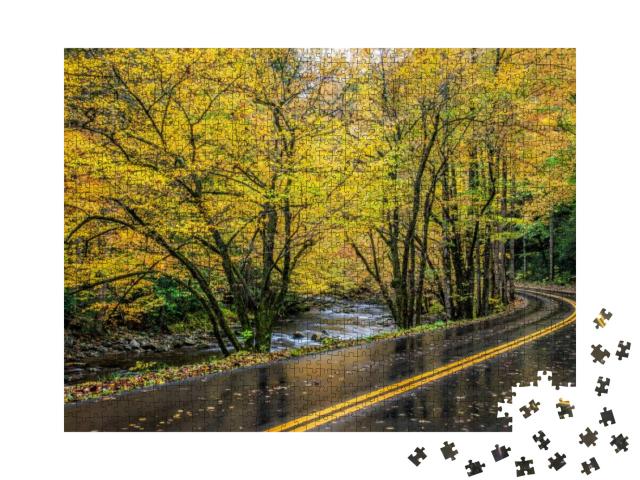 Horizontal Shot of a Road Curving Next to the Little Rive... Jigsaw Puzzle with 1000 pieces