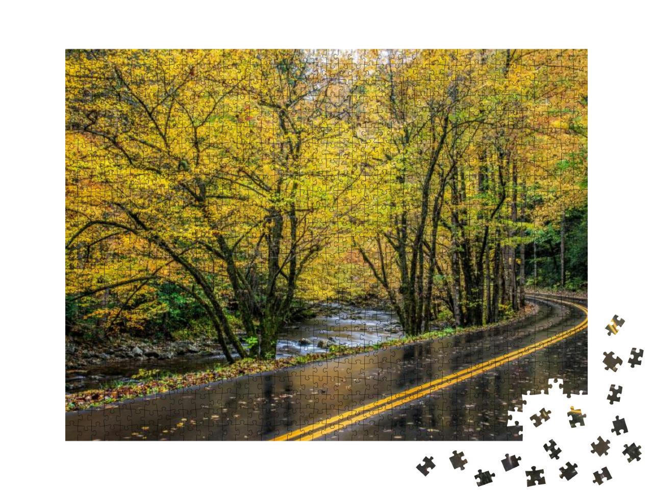 Horizontal Shot of a Road Curving Next to the Little Rive... Jigsaw Puzzle with 1000 pieces