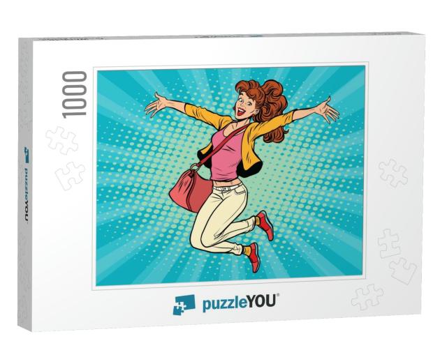 Young Woman Jumping, Lifestyle. Pop Art Retro Comic Book... Jigsaw Puzzle with 1000 pieces