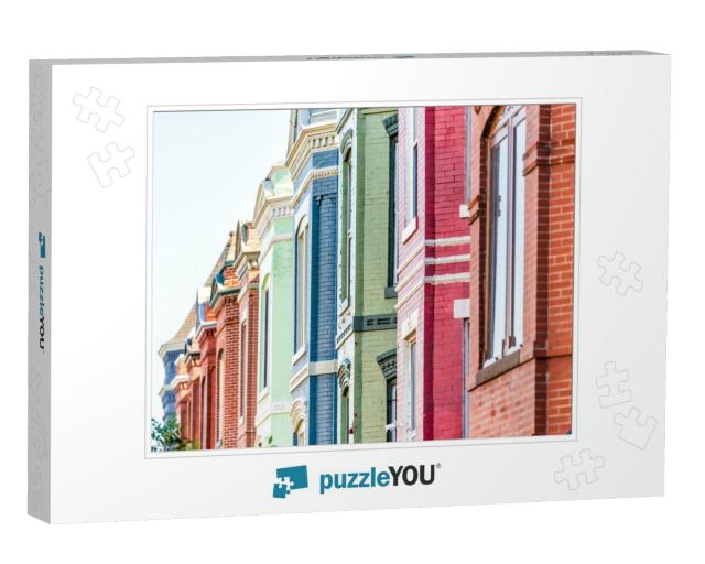 Row of Colorful Red Green & Blue Painted Brick Residentia... Jigsaw Puzzle