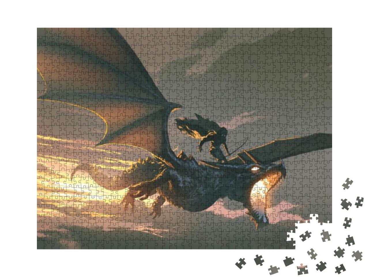 The Black Knight Riding the Dragon Flying in the Sunset S... Jigsaw Puzzle with 1000 pieces